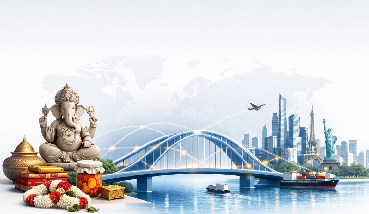 A Ganesha idol with a marigold garland, a jar of homemade pickle and gift boxes beside a luminous bridge arcing from India across the sea to world skylines and monuments
