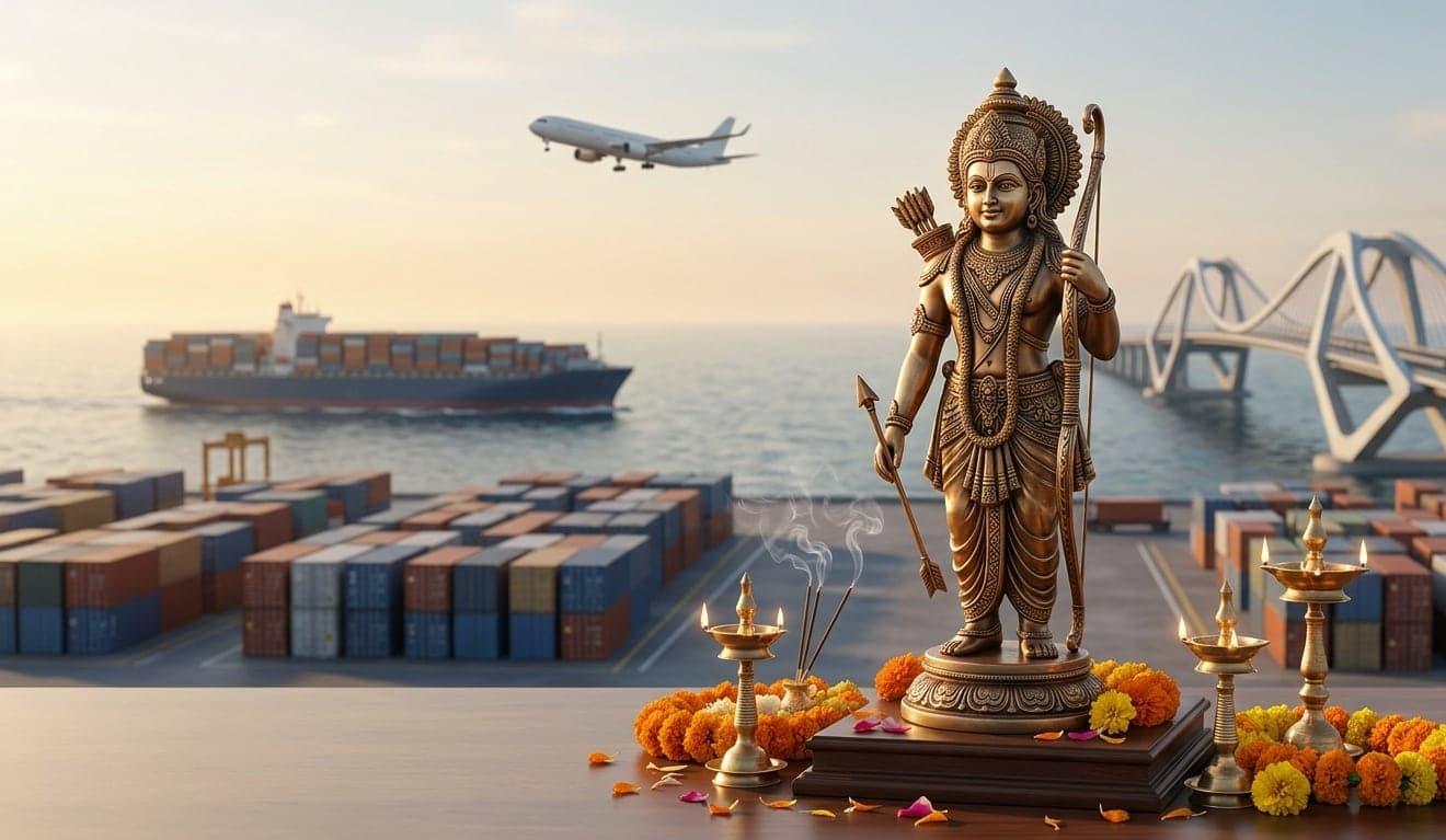 A bronze idol of Lord Rama with a bow, among brass diyas, smoking incense and marigold petals, before a cargo port and bridge at dawn